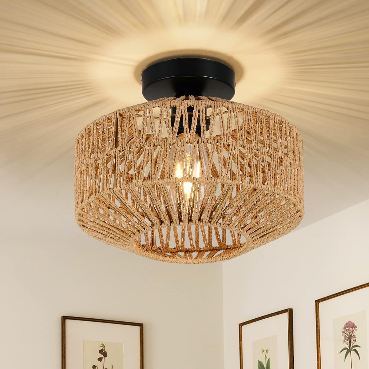 Vintage LED Ceiling Light Dimmable Rattan Boho Chandelier Fixture