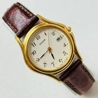 Vintage Seiko Pulsar 28mm Women's Thin Date Watch Gold Brown Leather V782-0520
