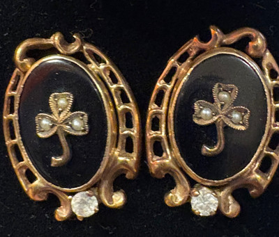 Antique Victorian Edwardian 14k Gold Onyx & Pearl White Sapphire Earrings