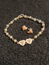 Vintage Enamel Painted Pink Flower Faux Pearl Bracelet Small / Kids