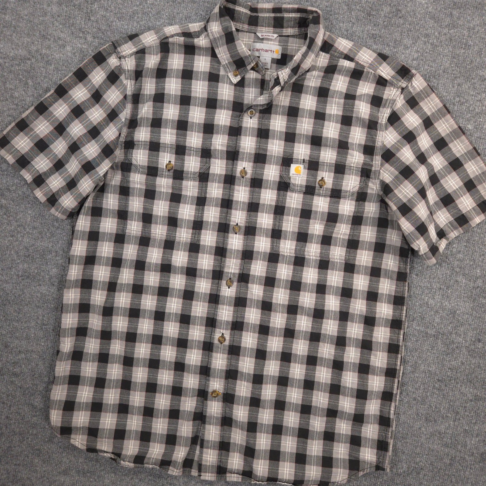 Carhartt Shirt Mens L Black Fort Plaid Chambray Relaxed Short Sleeve Work Casual