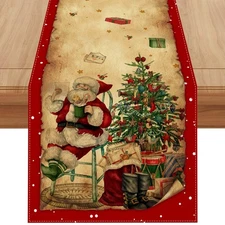 Linen Vintage Red Christmas Table Runner 72 Inches Long Retro Christmas Xmas ...