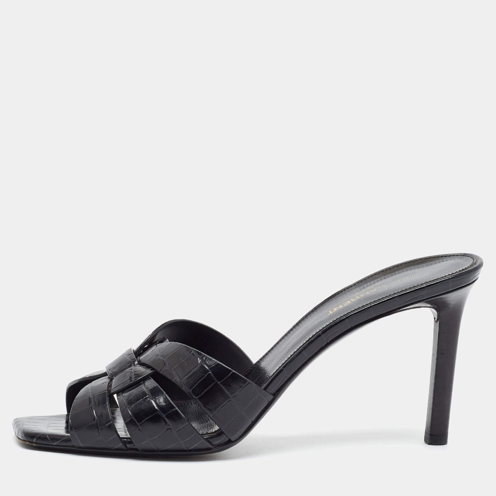 Saint Laurent Tribute Size 40.5 Black Croc Embossed Leather Slide Sandals