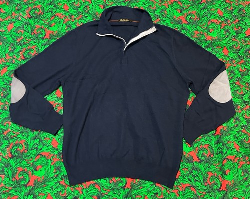 Loro Piana Silk/Cashmere 1/2 Zip Sweater Leather Elbow Patches Sz 58