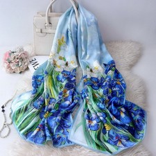 💯 Mulberry Silk Scarf in Blue Green Iris Design Rectangular 170x53/67x26”