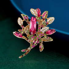 Elegant Pink/Purple Crystal Rhinestone Flower Bouquet Brooch Pin