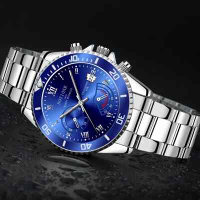 Fashion Blue Stainless Steel Sports Chronograph Watch Electronic Quartz Movement