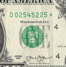 Series 2013 Star Note D Cleveland 3.2M Pack Run $1 Dollar Bill FW D02545225*