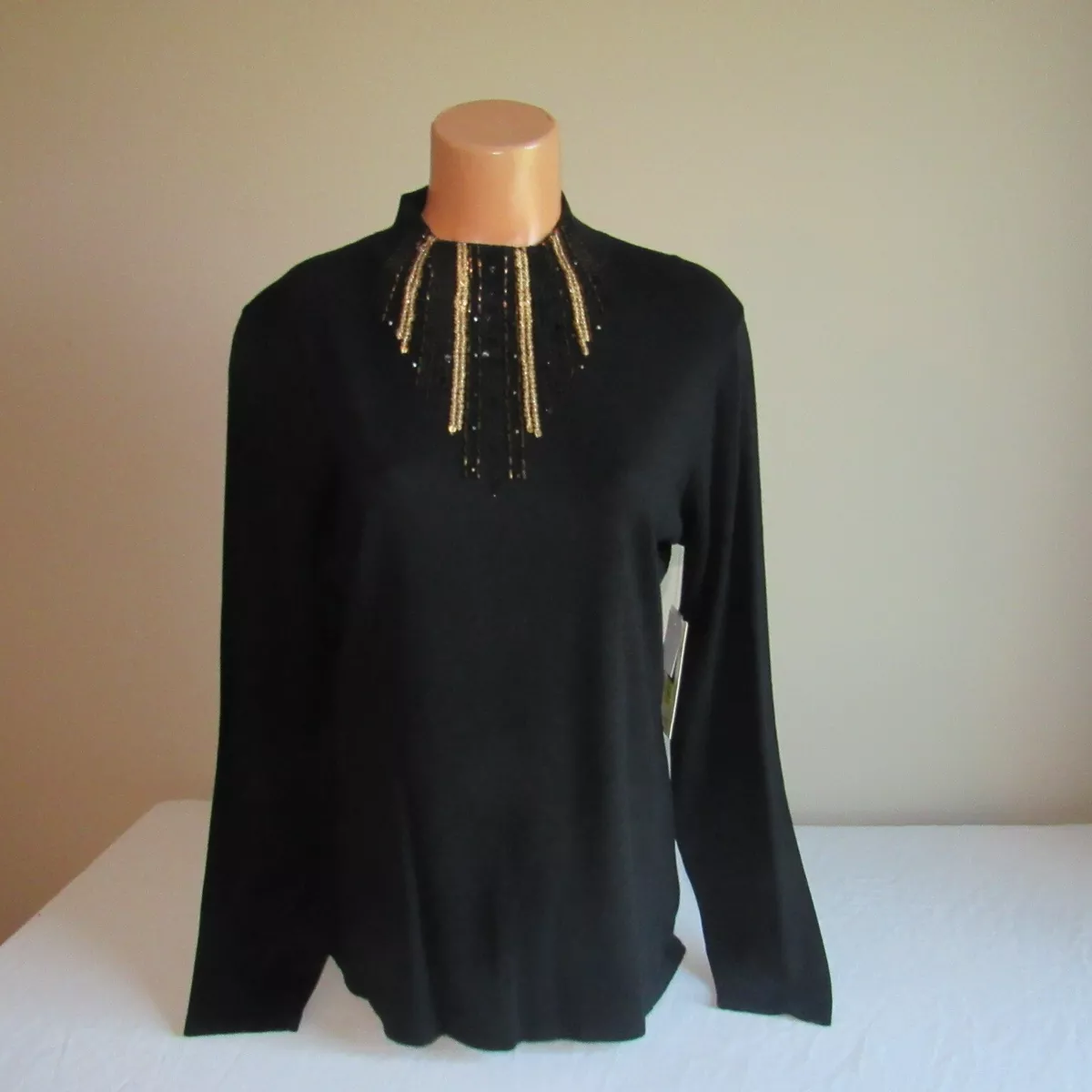 Reba Byzantine Allure Zip Back Mock Neck Sweater Top Shirt Black Sequin L  NWT