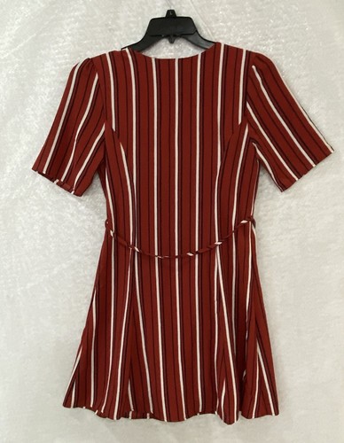 Charlotte Russe Mini Dress Woman's L Red Striped Button Up Front Tie Low V Neck - Picture 2 of 12