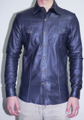 Mens Navy Blue Real Lamb Skin Soft & Lightweight Leather Biker Full Sleeve Shirt