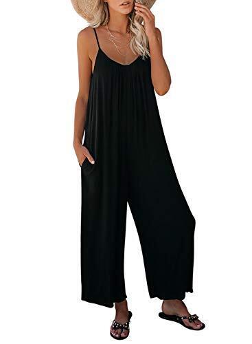 Women's Loose Black Jumpsuits for Women Adjustable Spaghetti Strap Stretchy W...
