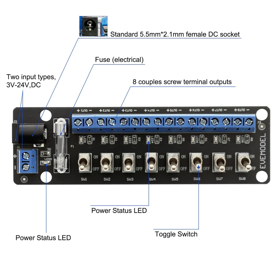 Evemodel 3V-24V DC Individual Toggle Switch Power Distribution Module 8 Channel - Image 4 of 4