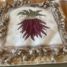 handmade needlepoint pillow Red Chili’s Tassels Cover 14” French Country Decor