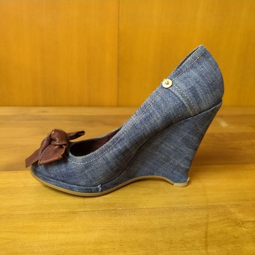 Miu Miu Blue Denim Wedge Peep-Toe Heels with Brown Leather Bows - EU 37 JAPAN - Picture 9 of 24