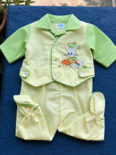 Vintage Cradle Togs Baby Bunny 2 Pc Outfit Green Gingham Footed Pants 0-6M