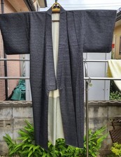 Tsumugi Silk Kimono Black Wobbly Stripe Pattern Used 63.8in Long