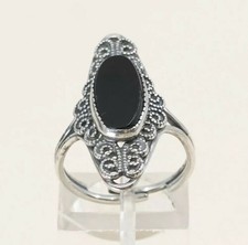Sz 6.5, Vtg Sterling Silver Handmade Ring, 925 Silver Band W obsidian N Filigree
