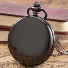 Classic Style Full Black Smooth Case Men Women Analog Quartz Pocket Watch Chain