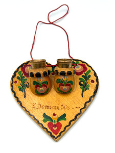 Vintage Wood Heart-Shaped Folk Art Thimble Holder & Brass Thimbles