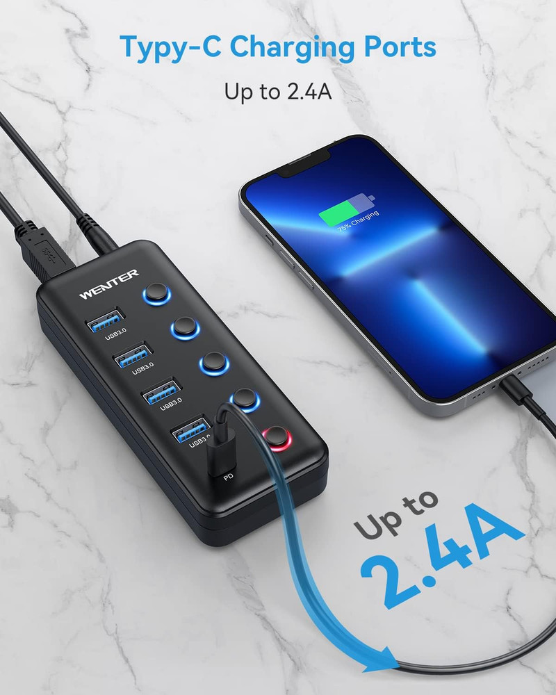 Powered USB 3.0 Hub, Wenter 5-Port USB Hub Splitter 4 Faster Data Transfer Po...