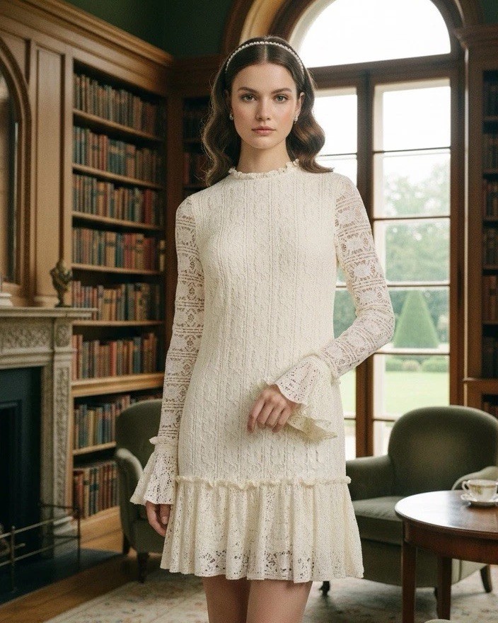 Shoshanna Bell Sleeve Lace Dress Women’s Size 12 Whimsy Coquette Luxe Chic $480