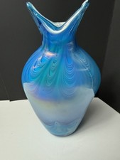 Hand blown Vase, irridescent Blue White Swirl 12Hx6W Unique shape Eye Catcher 