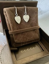 Genuine  Gucci Sterling Silver  Trademark Heart Dangle Earrings With Pouch & Box