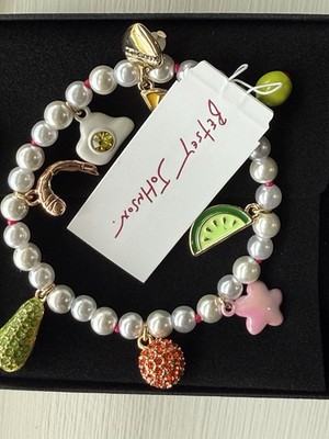 Betsey Johnson Faux Pearl Betsey s Brunch Lemon Shrimp Charm Stretch Bracelet
