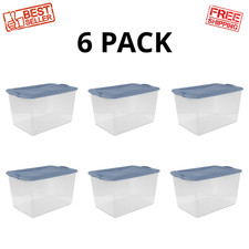 Sterilite 66 Qt Clear Storage Bins with Latch Lid Blue Plastic Containers 6 Pack