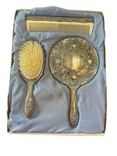 Vintage Vanity Dresser Set Silver Tone Mirror Brush Comb Ornate Victorian Heavy