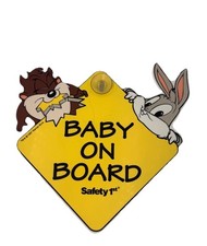 VTG 1997 Looney Tunes BABY ON BOARD Car Suction Sign Baby Taz Bugs Bunny