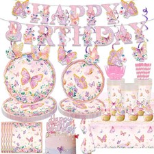 163PCS Butterfly Birthday Party Decorations, Girls Butterfly Party Supplies Disp