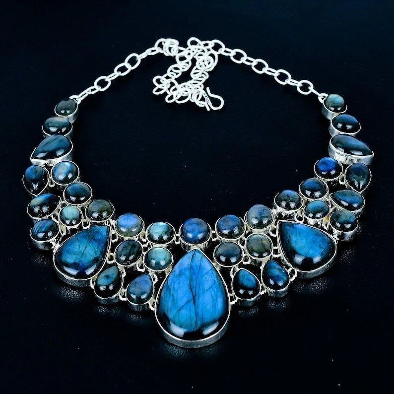 Collar de joyería de plata de ley 925 hecho a mano con piedras preciosas de labradorita talla 17-18" Foto 4 de 4