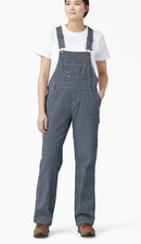 Dickies Womens Relaxed Fit Bib Overalls L Hickory Stripe Cotton Blue White Large