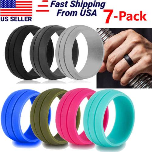 7Pack Silicone Wedding Ring Rubber Band Sport Outdoor Workout Men Women 7-12Size