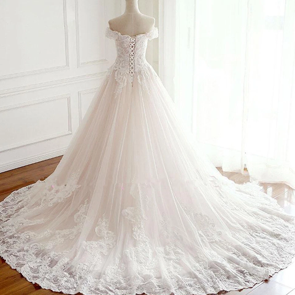 Blush Pink Off Shoulder Wedding Dresses Lace Appliques Bridal Gowns Sweep Train - Image 3 of 4