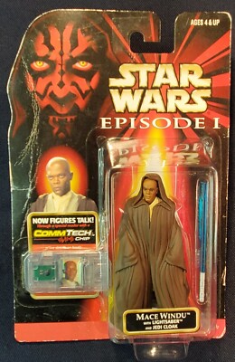 Star Wars Episode 1 MACE WINDU Jedi Cloak Lightsaber 1998 Commtech Chip Hasbro