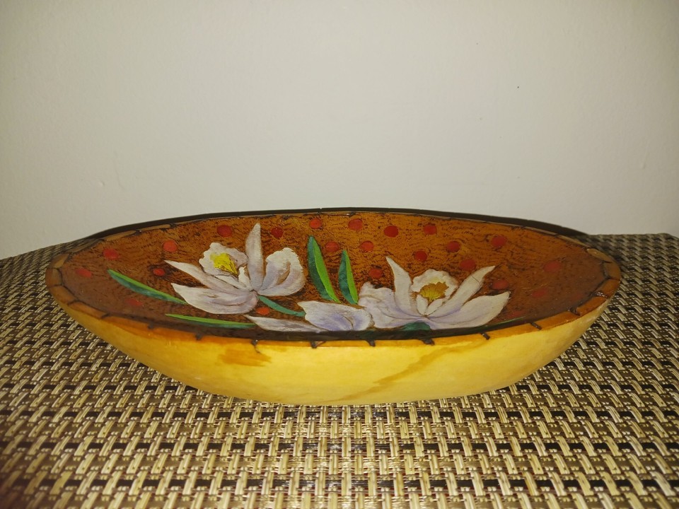 Colombian hand carved wood bowl with hand painted orchids | eBay