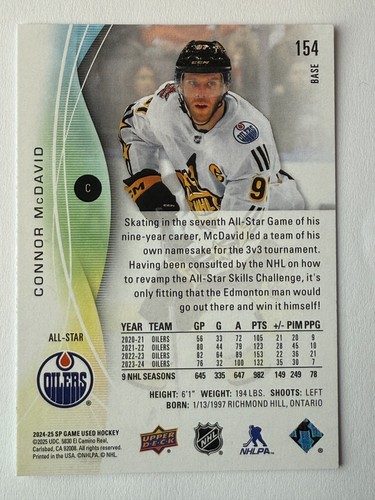 2024-25 UD SP Game Used AS #154 Connor McDavid Edmonton Oilers All Star SP - Picture 2 of 2