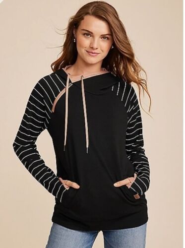 Maurices Homeward Striped Sleeve Fleece Hoodie-Black-Size L-GUC - 第 1/9 張圖片