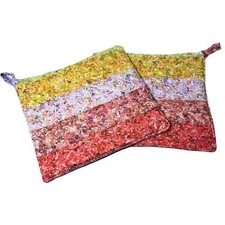 Pair of Quilted Handmade Potholders Yellows & Red Strips Reverse Blue Purple