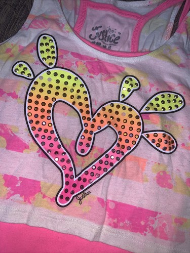 Justice pink Orange Rhinestone Stud Logo tank top Layered Shirt sz 8 guc - Picture 2 of 8
