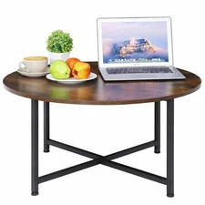 Round Wood Coffee Table Household Tea Table X-Shaped Vintage Desk Home Use