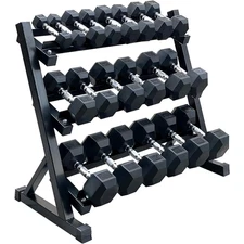 Rubber Hex Dumbbell Set 5-50 LB with Rack | 10 Pairs, 550 lbs, Free Shipping