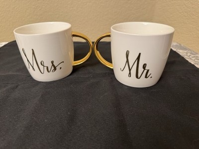 Slant Collections Mr & Mrs White Ceramic Coffee Mug Set Gold Handles 2pc Wedding