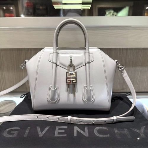 Pre-owned Givenchy Box Calfskin Mini Lock Antigona Shoulder Bag in Medium Grey