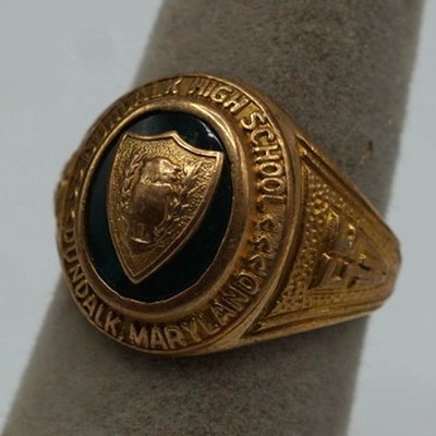 Vintage 10K Gold Dundalk High School (Maryland) Klasse Ring Jenkins grüner Stein