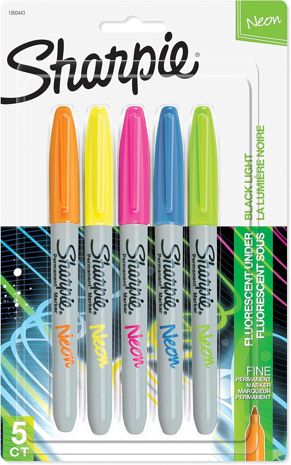 SHARPIE 1874447 Neon Permanent Markers, 5 Count (Pack of 1),