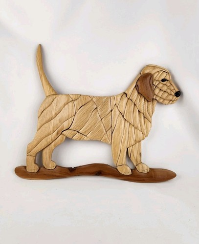 Vintage Holz Intarsien Basset Fauve de Bretagne Hundehund Handarbeit Wandbild Kunsthandwerk - Bild 1 von 17
